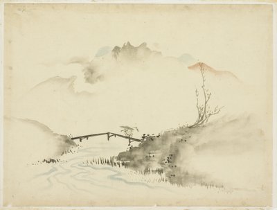 Landschap met Boer die Brug Oversteekt door Katsushika (school of) Hokusai