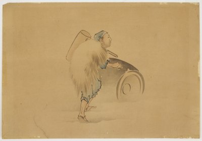 Man met Hamer die Vat Rolt, ca. 1850 door Katsushika (school of) Hokusai