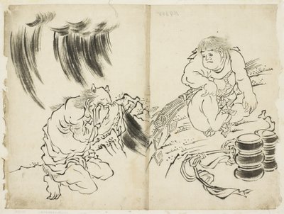 Personificatie van Storm met Kintaro en Huilende Oni door Katsushika (school of) Hokusai
