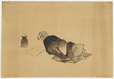 Liggende Man die bij Lamplicht Leest door Katsushika (school of) Hokusai