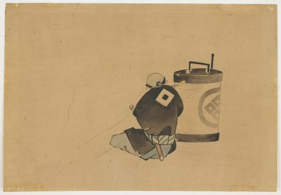Zittende bediende die rookt bij een lamp, ca. 1850 door Katsushika (school of) Hokusai