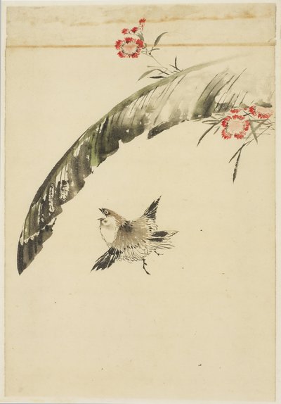 Mus en Bananenblad en Anjers door Katsushika (school of) Hokusai