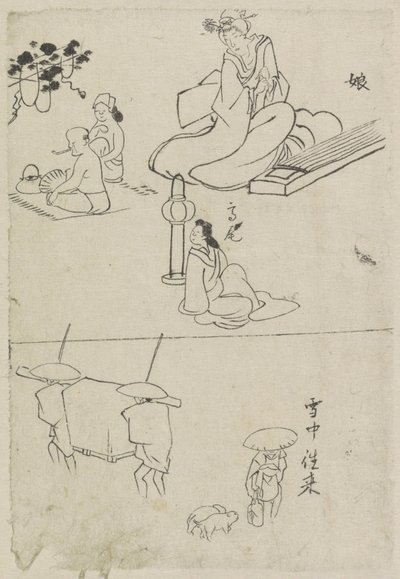 Diverse voorstellingen, onder andere van een dame met een koto, een zittende dame en twee mannen door After Katsushika Hokusai