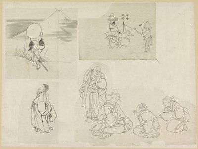 Vier scènes met verschillende figuren door Katsushika Hokusai (possibly)