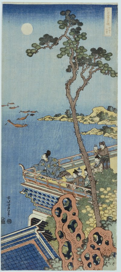 Een hoveling op het balkon van een Chinees paviljoen die in de verte kijkt op een maanverlichte nacht, uit de serie "Een spiegel van Chinese en Japanse verzen" door Katsushika Hokusai