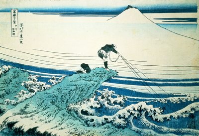 "Een Visser Staand op een Rotsachtig Vooruitstekend Punt bij Kajikazawa in de Provincie Kai", uit de serie "36 Zichten op de Berg Fuji", pub. ca. 1830-31 door Katsushika Hokusai