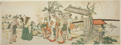 Een groep jonge vrouwen die de tuin van een tuinier binnengaan door Katsushika Hokusai