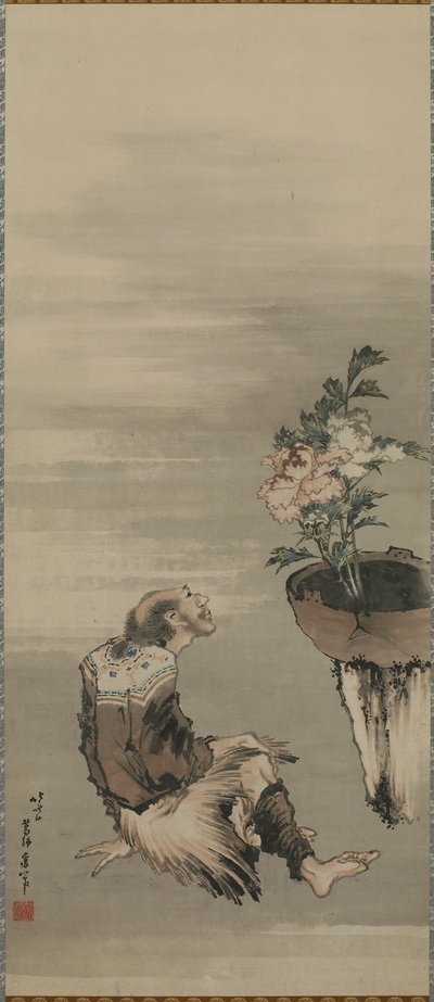 Een Zittende Man die naar Potpioenrozen Kijkt, Edo-periode door Katsushika Hokusai
