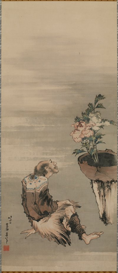 Een Zittende Man die naar Potrozen kijkt door Katsushika Hokusai