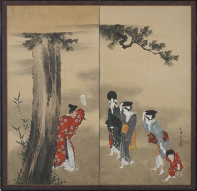 Een Shinto-priester, drie vrouwen en een kind door Katsushika Hokusai