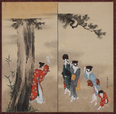 Een Shinto-priester, drie vrouwen en een kind, Edo-periode, ca. 1799-1801 door Katsushika Hokusai