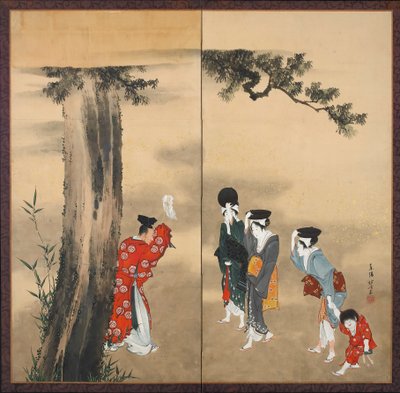 Een Shinto Priester, drie vrouwen en een kind, Edo Periode, c.1799 door Katsushika Hokusai