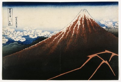 Een Regenbui Onder de Top, uit de serie, Zesendertig Zichten op de Berg Fuji (Fugaku sanjurokkei), ca 1823 door Katsushika Hokusai