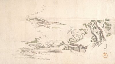 Een met sneeuw bedekt landschap met grijze wolken, ca. 1800 door Katsushika Hokusai