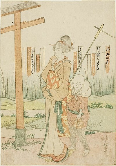 Een vrouw en een jongen bij het altaar door Katsushika Hokusai