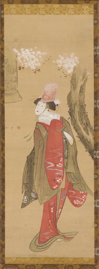 Een danser, Kiyohime, een kersenboom en de bel van Dojo-ji door Katsushika Hokusai
