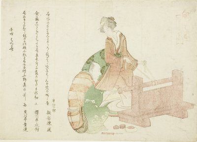 Een draaier en zijn assistent, uit de serie "Zesendertig dichters als ambachtslieden (Shokunin sanjurokuban)" door Katsushika Hokusai