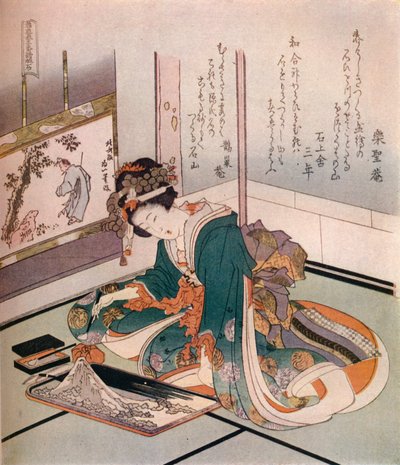 Een vrouw die een miniatuurmodel van de berg Fuji maakt, c1823 door Katsushika Hokusai