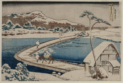 Een Oud Schilderij van de Bootbrug bij Sano in de Provincie Kozuke uit de serie Nieuwsgierige Uitzichten van Beroemde Bruggen in de Provincies door Katsushika Hokusai