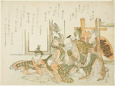 Een oude man en verzorgers kijken naar het Sugoroku-spel door Katsushika Hokusai