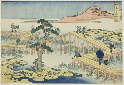 Oud uitzicht op de Acht-planken Brug in de provincie Mikawa, uit de serie "Ongewone Uitzichten van Beroemde Bruggen in Verschillende Provincies" door Katsushika Hokusai