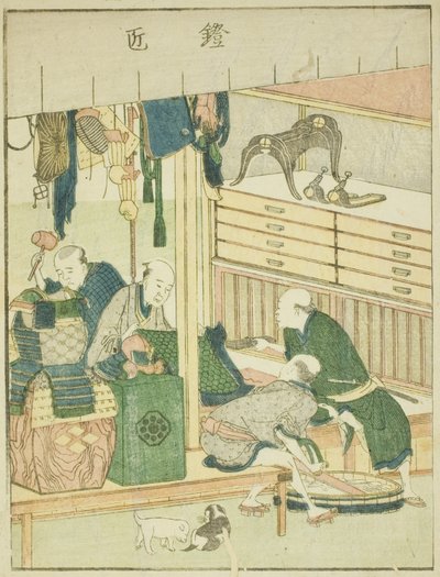 Wapenmaker (Yoroi takumi), uit het geïllustreerde boek "Prentenboek van de Amusements van het Oosten (Ehon Azuma asobi)" door Katsushika Hokusai