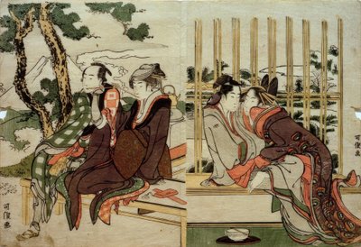 Azuma en Yogoro in de Oude Sneeuw. Koman en Yosaku in de Avondrood door Katsushika Hokusai