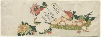 Mand met Waaier, Chrysanten en Paddenstoelen, begin 1800s door Katsushika Hokusai