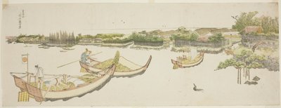 Boten die rijst vervoeren op de Sumida-rivier door Katsushika Hokusai