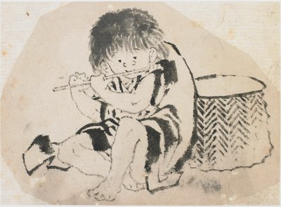 Jongen die fluit speelt, Edo-periode, ca. 1840 door Katsushika Hokusai