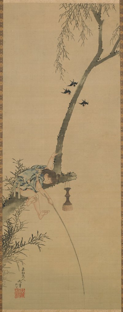 Jongen die vist vanaf een tak van een boom, Edo-periode, 1839 door Katsushika Hokusai