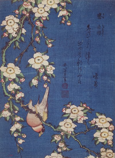 Goudvink en treurkers, uitgegeven ca. 1834 door Katsushika Hokusai