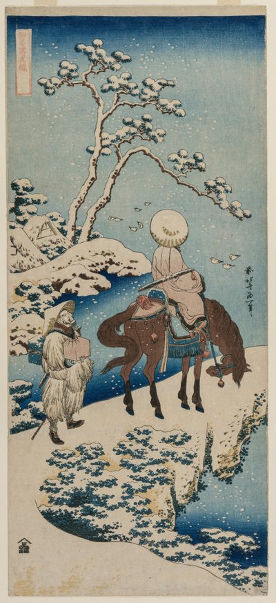 Chinese ambtenaar pauzeert op een brug om de sneeuw te bekijken..., 1834-1835 door Katsushika Hokusai
