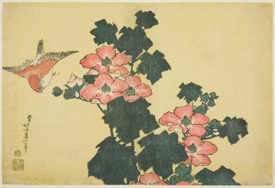 Katoenrozen en Mus, uit een ongetitelde serie van Grote Bloemen door Katsushika Hokusai