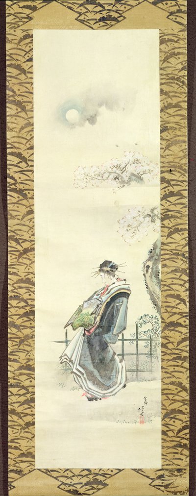 Courtisane op wandel (pen en inkt met was op papier) door Katsushika Hokusai