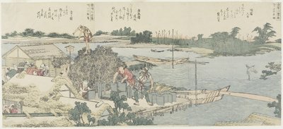 Kraanvogel en dennenveld bij Shirahige, Taya bij Hashiba, 1775-1849 door Katsushika Hokusai