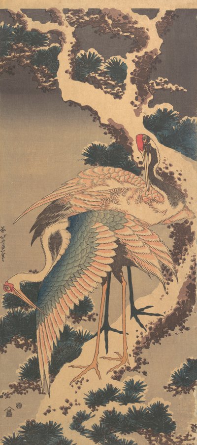 Kraanvogels op Tak van Met Sneeuw Bedekte Pijnboom door Katsushika Hokusai