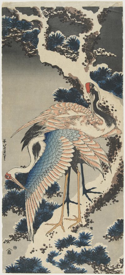 Kraanvogels op dennen, ca. 1834 door Katsushika Hokusai
