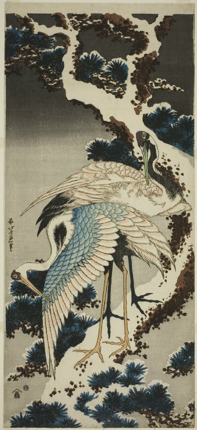 Kraanvogels op met Sneeuw Bedekte Pijnboom door Katsushika Hokusai
