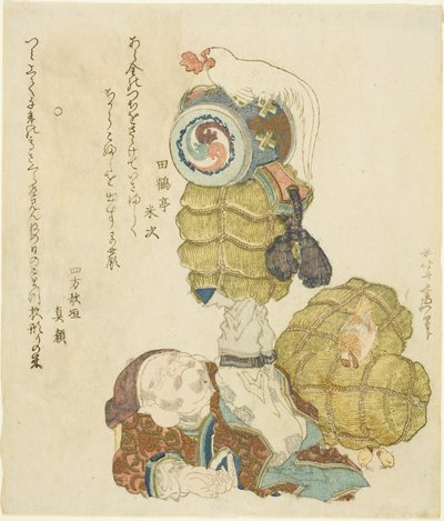 Daikoku balanceert rijstbalen, hamer en haan op zijn voeten door Katsushika Hokusai