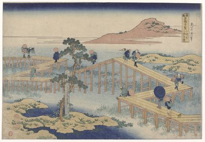De zigzag brug in de provincie Mikawa (Gezichten op beroemde bruggen in de provincies) door Katsushika Hokusai