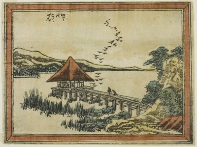 Neerdalende ganzen bij Katada, uit de serie Acht uitzichten van Omi in ets-stijl door Katsushika Hokusai