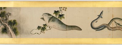 Handrol met diverse afbeeldingen, Edo-periode, 1839 inkt en kleur op papier (detail) door Katsushika Hokusai