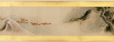 Handrol met diverse afbeeldingen, Edo-periode, 1839 inkt en kleur op papier (detail) door Katsushika Hokusai