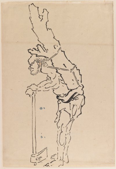 Tekening van een man rustend op een bijl en een deel van een boomstam op zijn rug dragend door Katsushika Hokusai