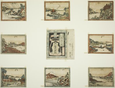 Acht Zichten van Omi in Etsstijl (Doban Omi hakkei) en voorblad door Katsushika Hokusai