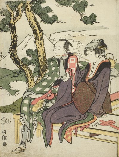Avondgloed voor Date no Yosaku en Seki no Koman, uit de ongetitelde serie bekend als Acht Uitzichten van Tragische Geliefden door Katsushika Hokusai