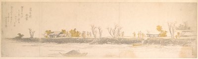 Figuren die over een landtong wandelen; water en boten op de voorgrond door Katsushika Hokusai