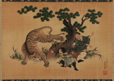 Kinderlijke vroomheid: Yang Hsiang redt zijn vader van een tijger door Katsushika Hokusai