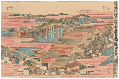 Vismarkt bij de rivier in Edo bij de Nihonbashi-brug door Katsushika Hokusai